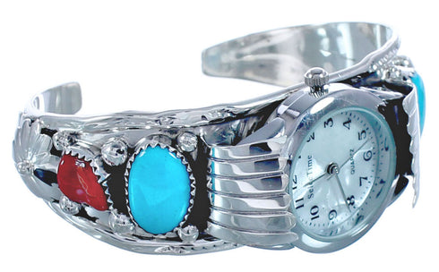Navajo Flower Design Turquoise and Coral Sterling Silver Cuff Watch CB118258